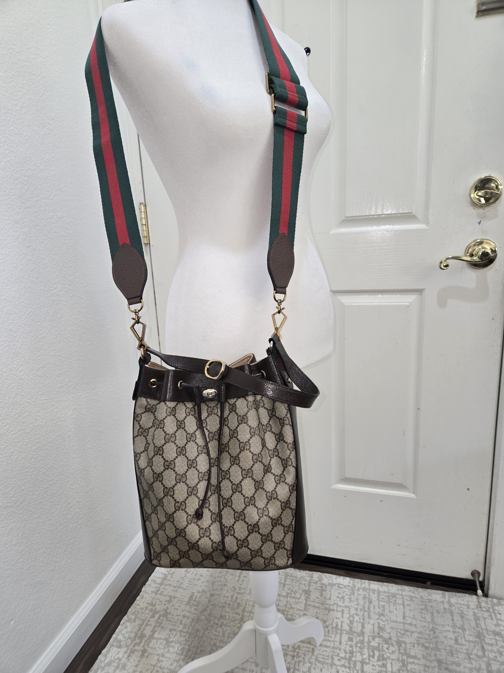 Gucci Beige GG Supreme Canvas Bucket Bag with Brown Trim and Green-Red Web Strap